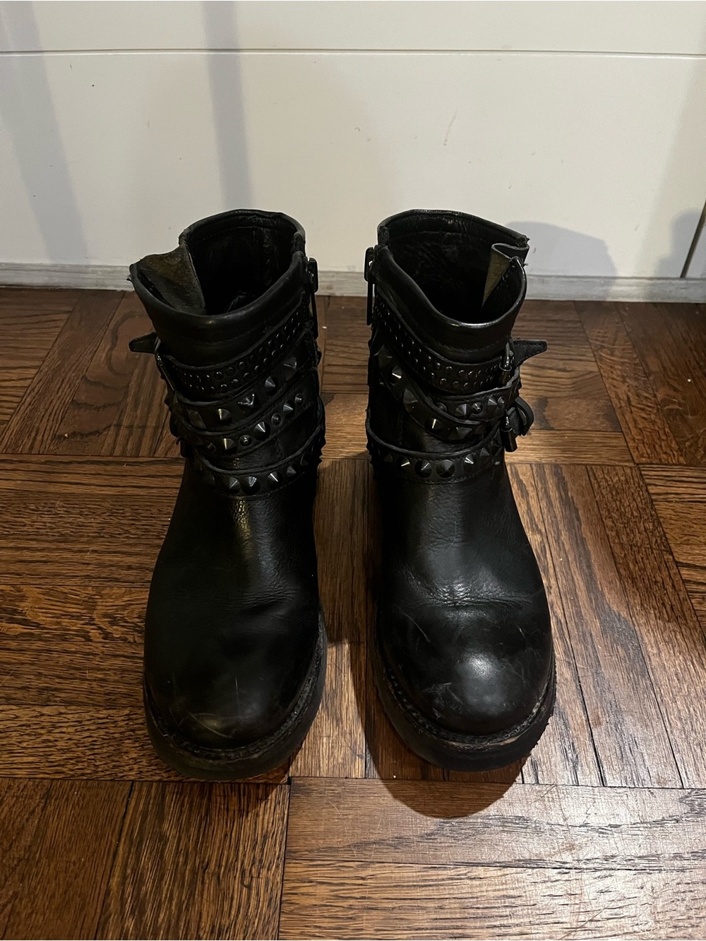 Ash Black Studded Leather Moto Ankle Boots